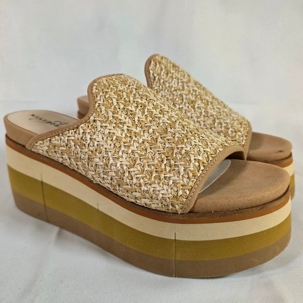 NWOT NakedFeet Flocci Woven Platform Slide Mules Beige Striped Wedge Sandals 9M